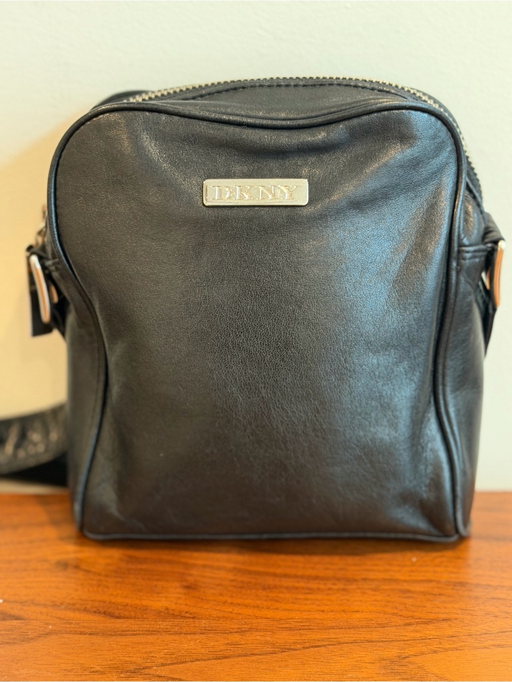 DKNY Vintage Black Leather Crossbody Bag with Silver Hardware